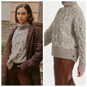 Rag & Bone Nora Cable Knit Turtleneck Oversized Sweater in Ivory/Brown XS NWT